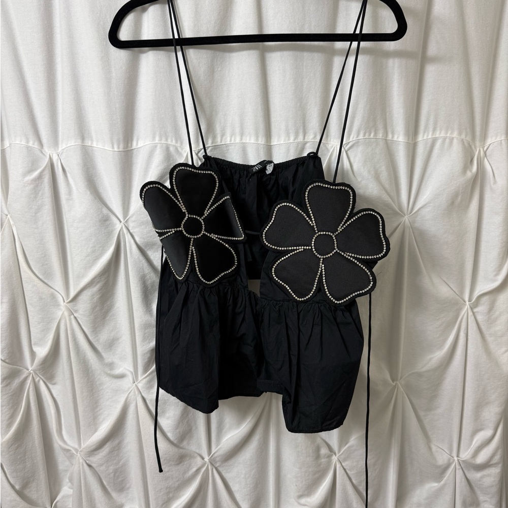 Zara Black rhinestoned floral Spaghetti Strap top